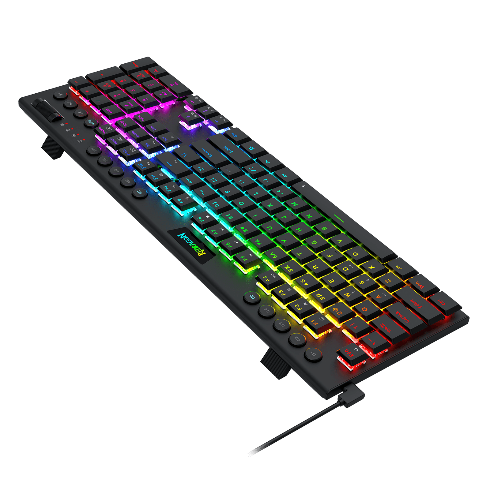A black mechanical gaming keyboard with vibrant RGB rainbow backlighting, shown at an angle on a solid black background.