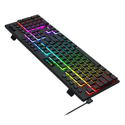 A black mechanical gaming keyboard with vibrant RGB rainbow backlighting, shown at an angle on a solid black background.