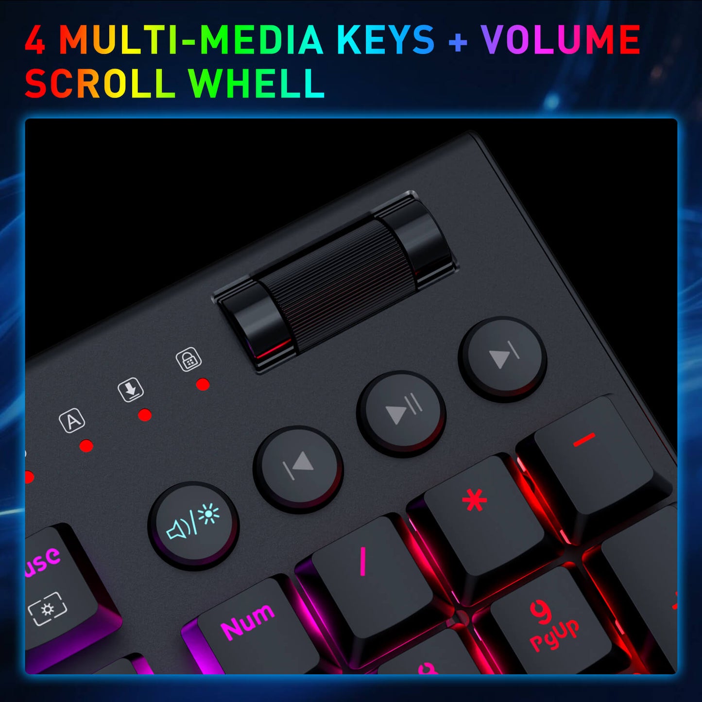 Close-up of a black media control dial and part of a keyboard with RGB lighting, under the text '4 MULTI-MEDIA KEYS + VOLUME SCROLL WHEEL'.