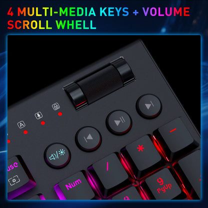 Close-up of a black media control dial and part of a keyboard with RGB lighting, under the text '4 MULTI-MEDIA KEYS + VOLUME SCROLL WHEEL'.