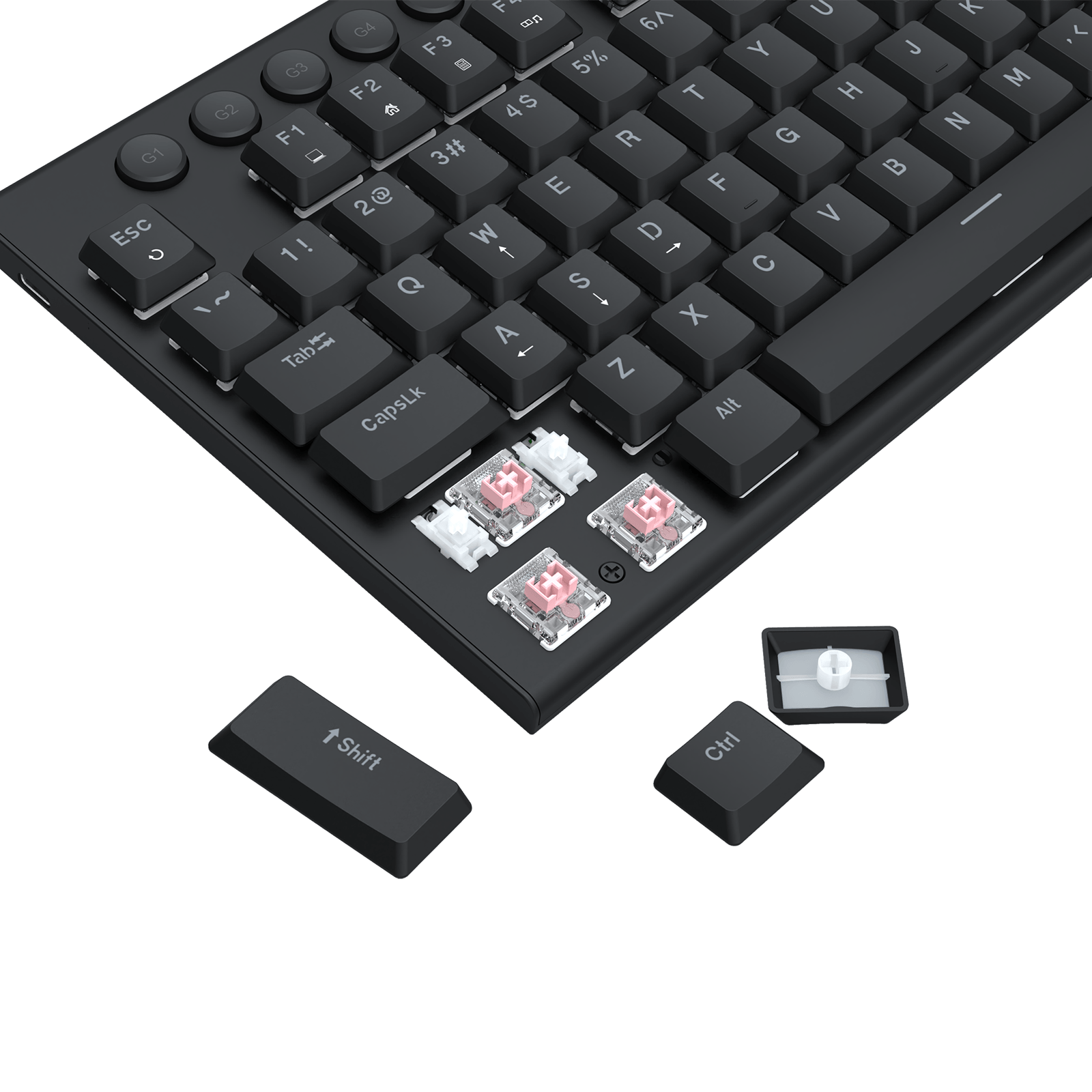 A close-up of a black mechanical keyboard with four transparent keycaps shown below on a black background. The keycaps include a 1-Shift, Ctrl, and CapsLock, with two showing the clear plastic shells and one showing the white key centers.