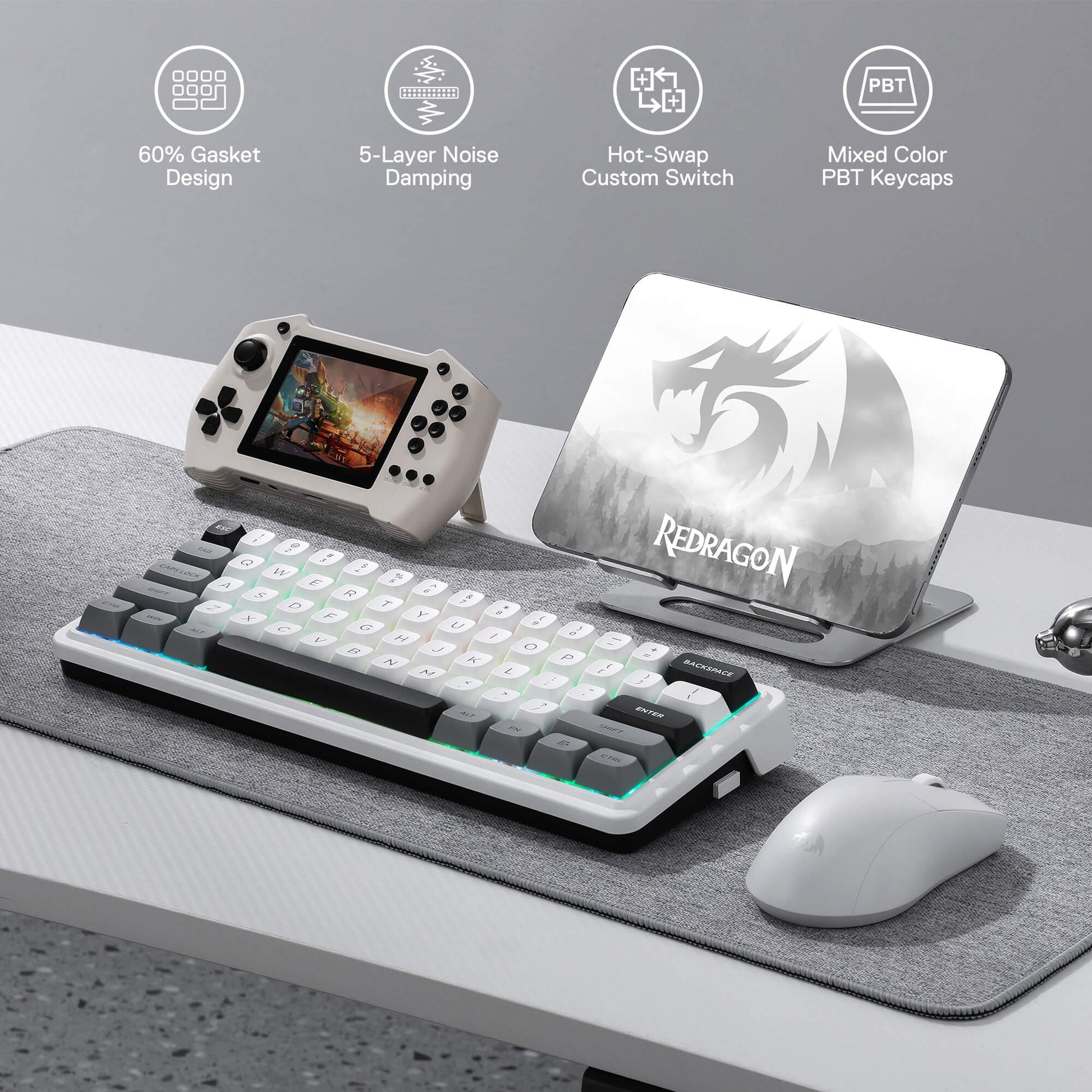 Redragon K722 PRO 60% Wireless Gasket RGB Gaming Keyboard, 61 Keys Hot-Swap Compact Mechanical Keyboard w/Free-Mod Socket, 5-Layer Noise Dampening & Round PBT Keycaps, Quiet Custom Linear Switch
