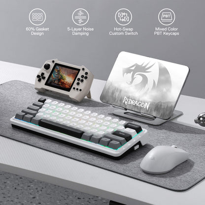 Redragon K722 PRO 60% Wireless Gasket RGB Gaming Keyboard, 61 Keys Hot-Swap Compact Mechanical Keyboard w/Free-Mod Socket, 5-Layer Noise Dampening & Round PBT Keycaps, Quiet Custom Linear Switch