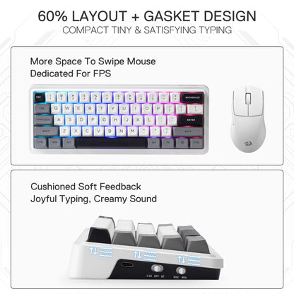 Redragon K722 PRO 60% Wireless Gasket RGB Gaming Keyboard, 61 Keys Hot-Swap Compact Mechanical Keyboard w/Free-Mod Socket, 5-Layer Noise Dampening & Round PBT Keycaps, Quiet Custom Linear Switch