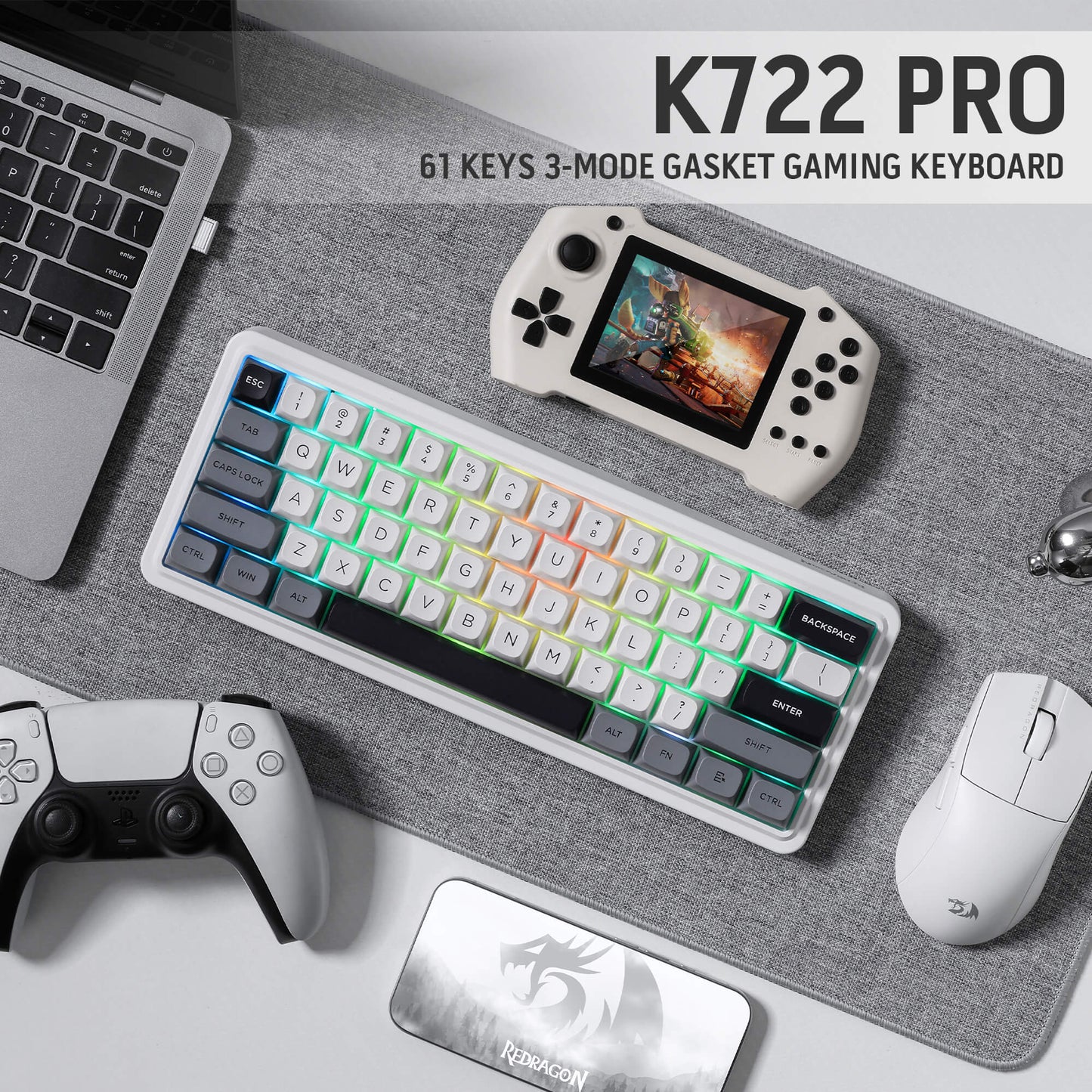 Redragon K722 PRO 60% Wireless Gasket RGB Gaming Keyboard, 61 Keys Hot-Swap Compact Mechanical Keyboard w/Free-Mod Socket, 5-Layer Noise Dampening & Round PBT Keycaps, Quiet Custom Linear Switch