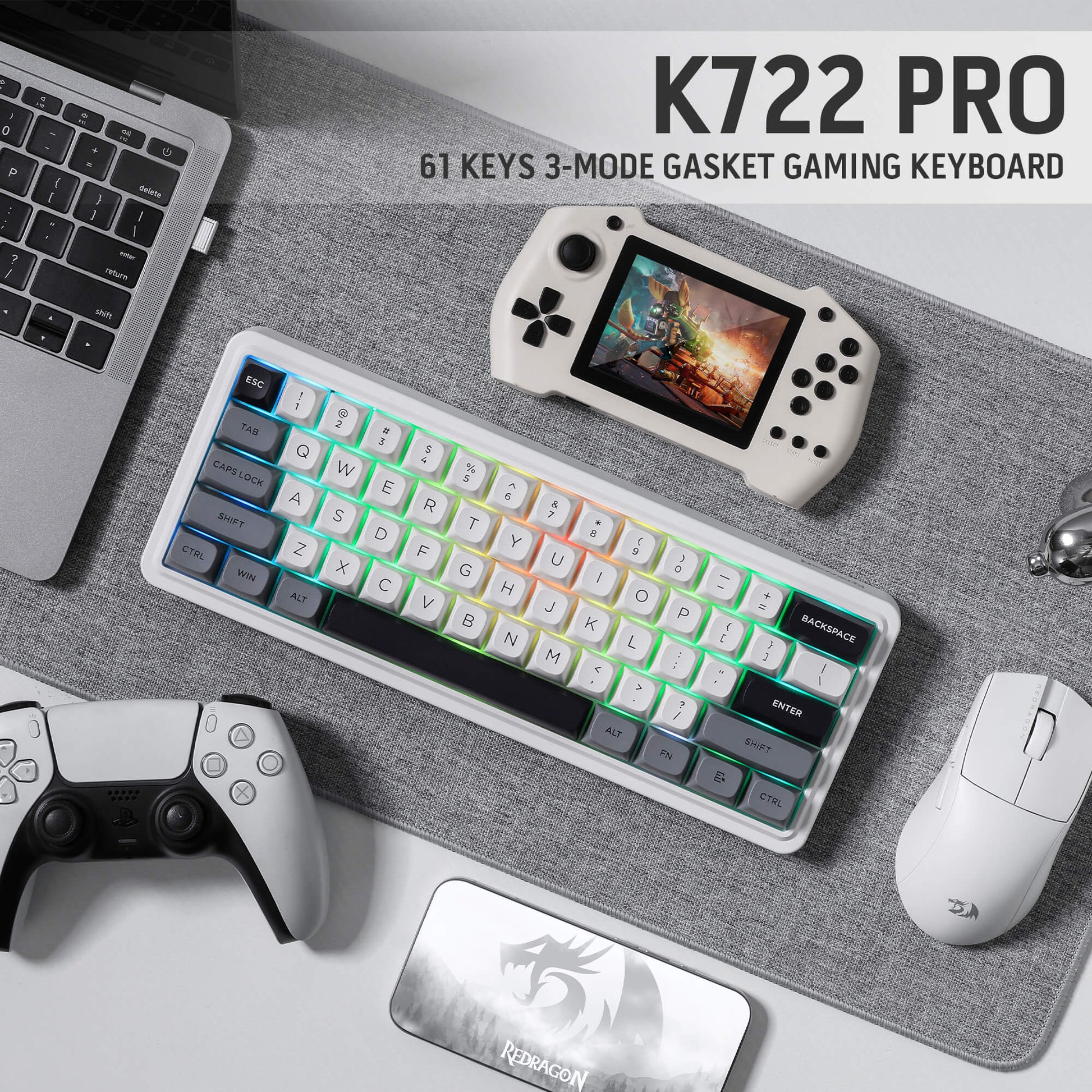 Redragon K722 PRO 60% Wireless Gasket RGB Gaming Keyboard, 61 Keys Hot-Swap Compact Mechanical Keyboard w/Free-Mod Socket, 5-Layer Noise Dampening & Round PBT Keycaps, Quiet Custom Linear Switch