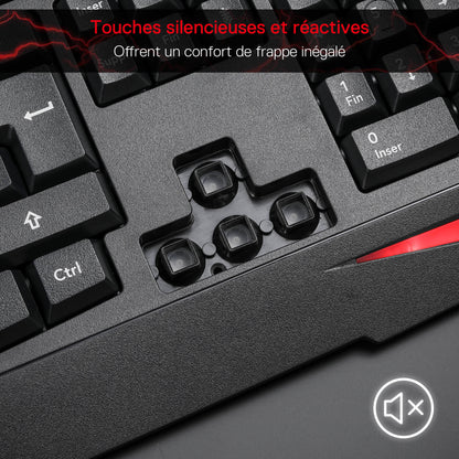 Close-up of a mechanical keyboard with red accents and text in French about silent and reactive keys.