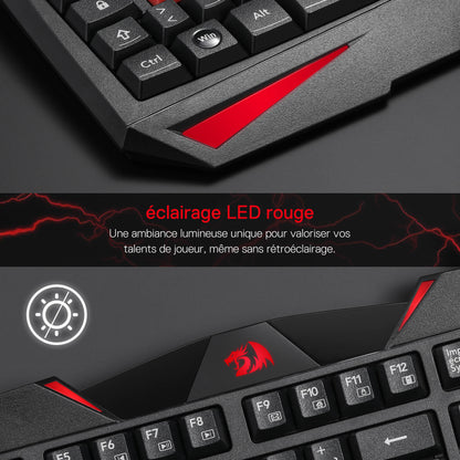 Close-up of a gaming keyboard with red accents and text about LED lighting.