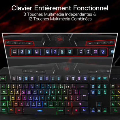 Redragon K503 AZERTY Wired Gaming Keyboard, RGB LED Backlight, Multimedia Keys, Silent Membrane Keyboard with Wrist Rest for Windows PC (Black)