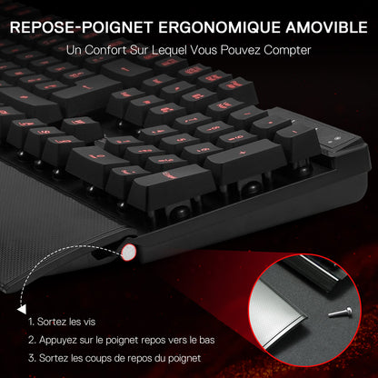 Black ergonomic keyboard with detachable wrist rest on a dark background