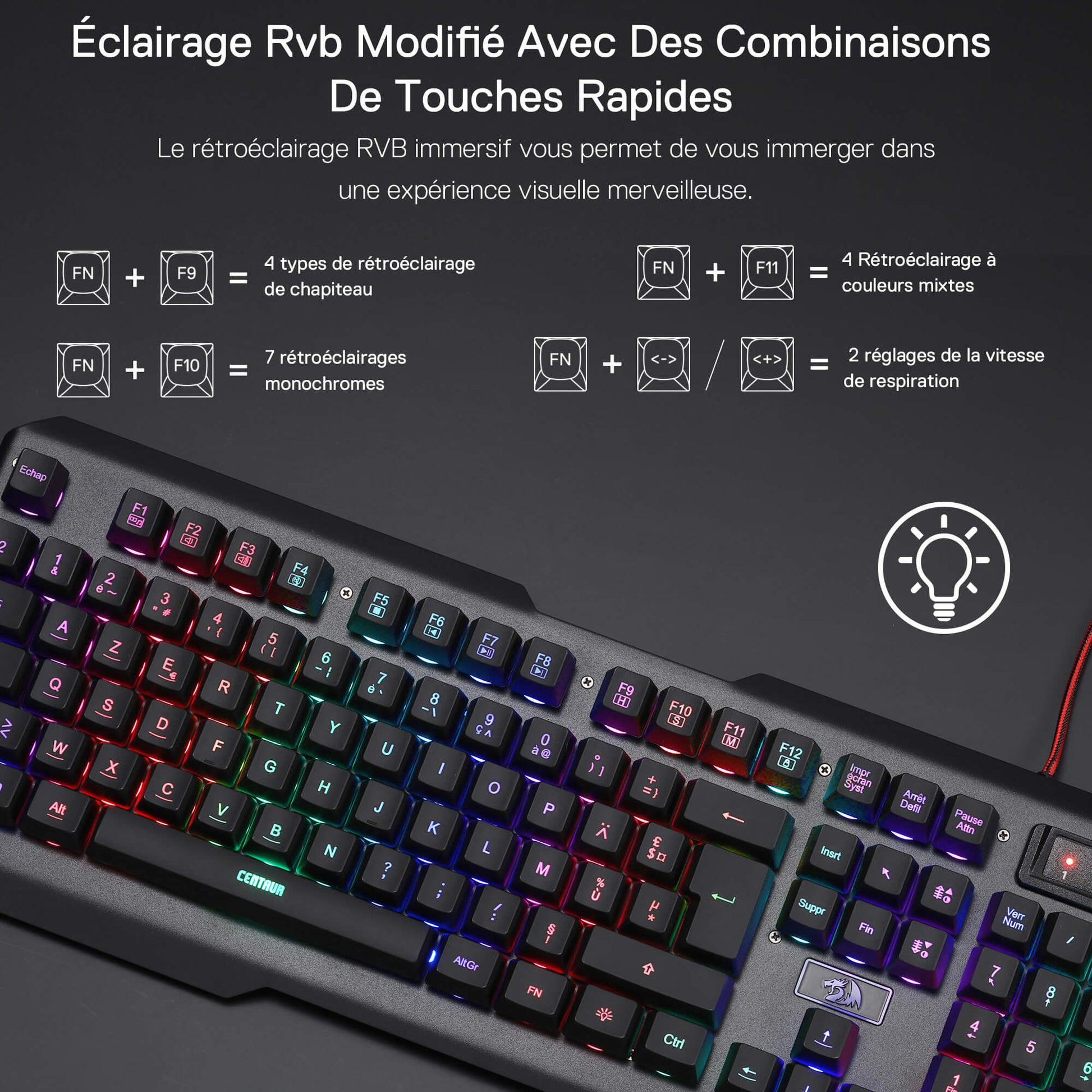 Keyboard with RGB lighting and quick key combinations on a dark background