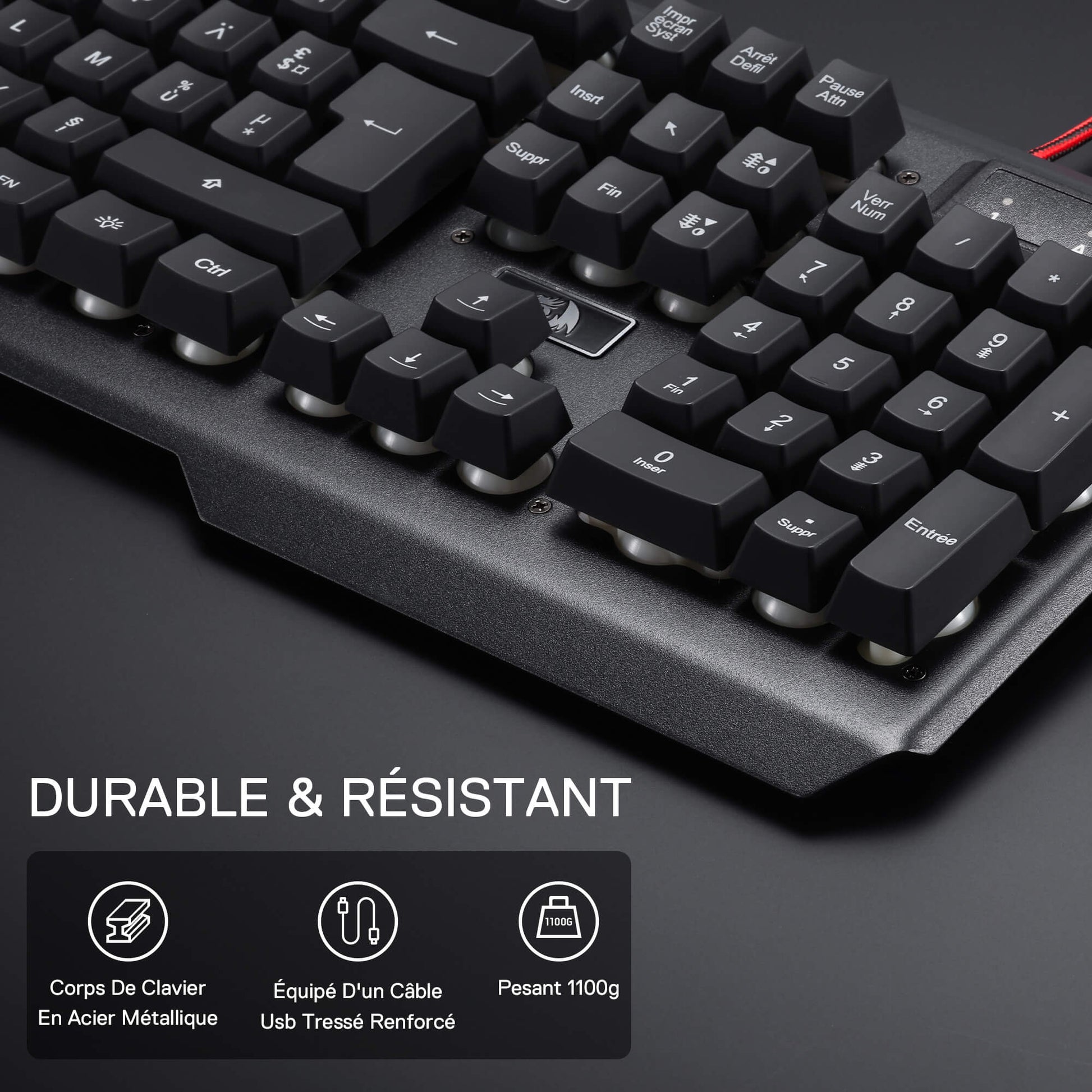 Mechanical keyboard with durable and resistant features highlighted on a dark background