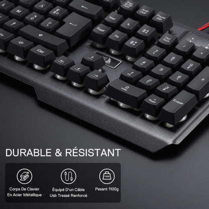 Mechanical keyboard with durable and resistant features highlighted on a dark background