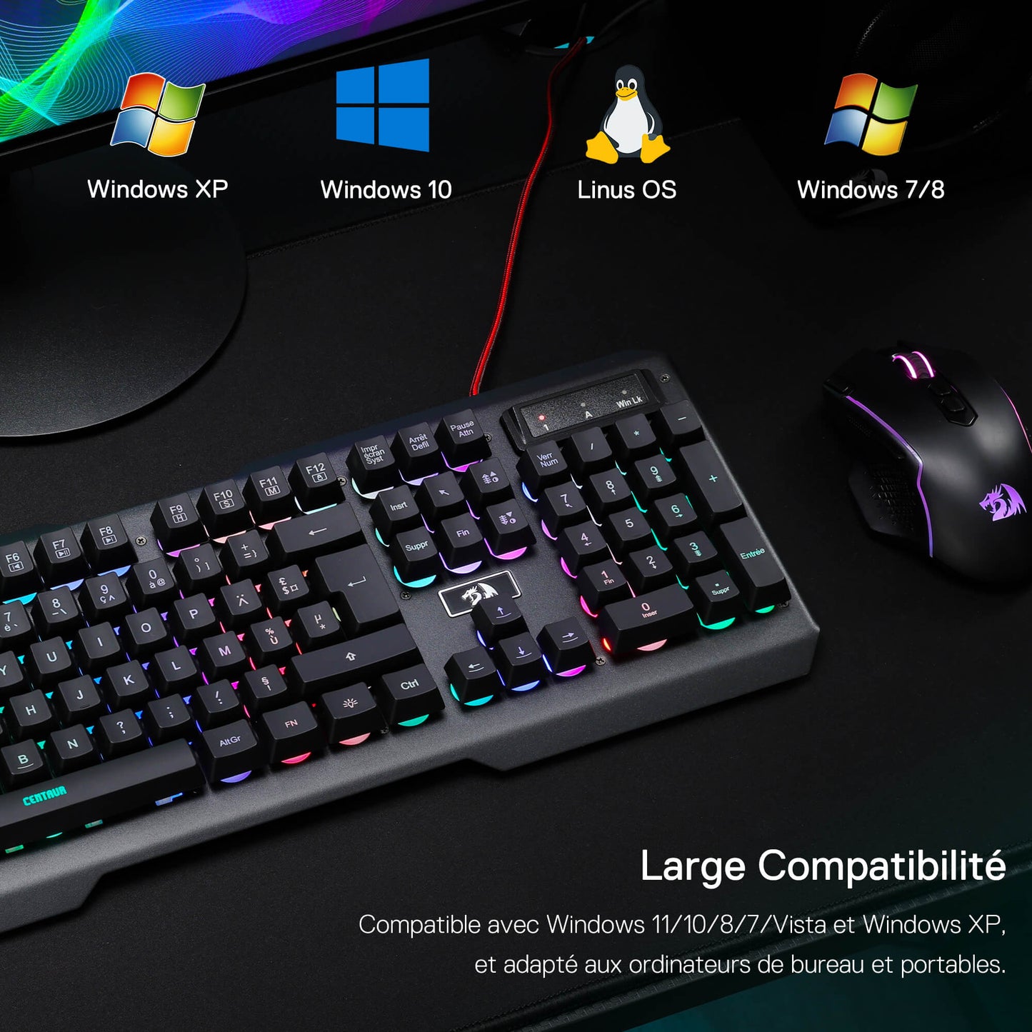 Keyboard and mouse setup with operating system icons on a dark surface