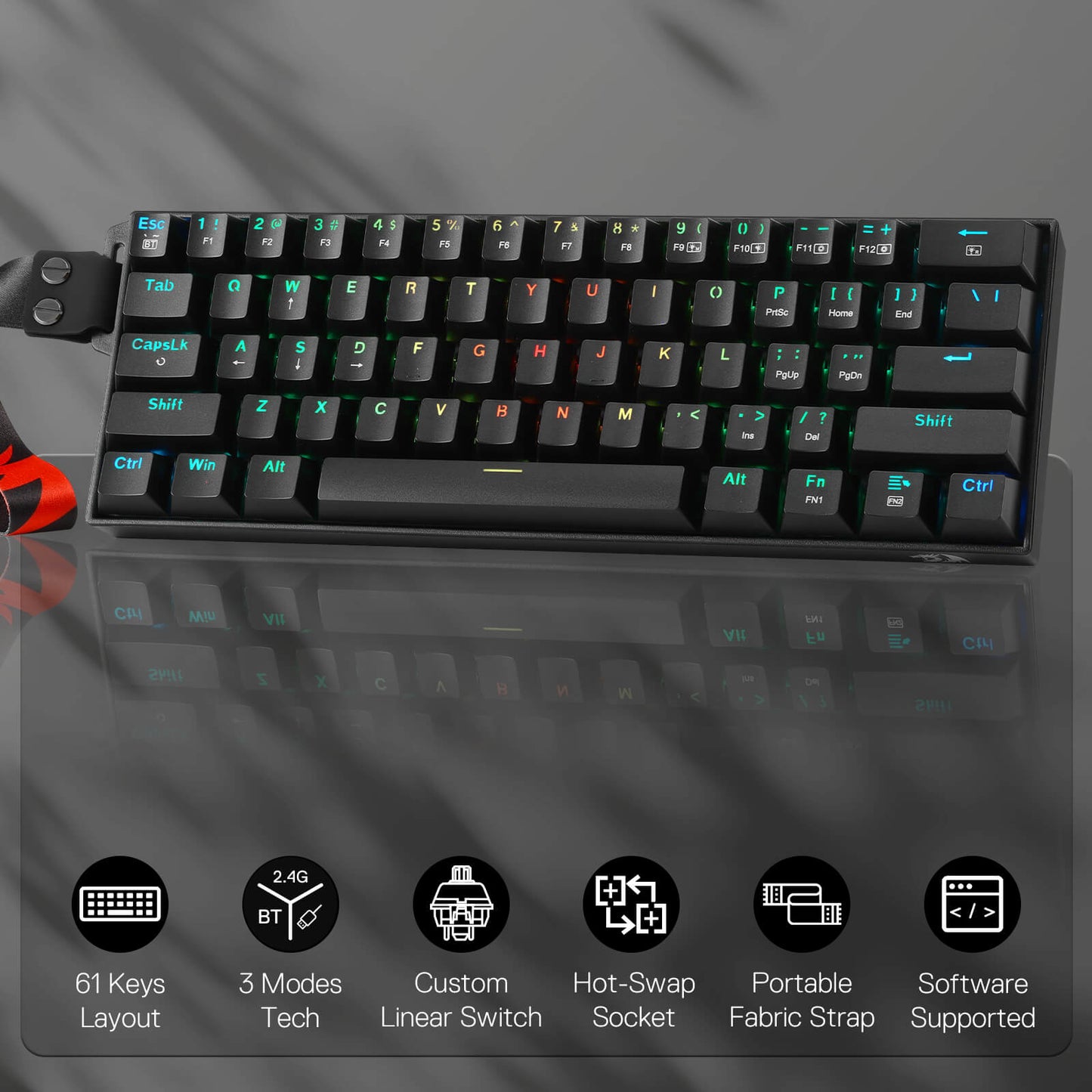 Redragon K530 Pro 60% 3-Mode Wireless RGB Mechanical Keyboard, 61 Keys Hot-Swappable Compact Gaming Keyboard w/Portable Strap, Hot-Swap Socket, 2-Layer Foam & Custom Dragon Chant Linear Switch