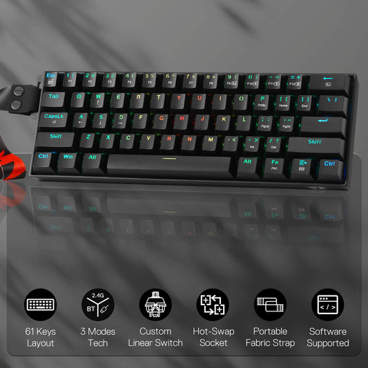 Redragon K530 Pro 60% 3-Mode Wireless RGB Mechanical Keyboard, 61 Keys Hot-Swappable Compact Gaming Keyboard w/Portable Strap, Hot-Swap Socket, 2-Layer Foam & Custom Dragon Chant Linear Switch