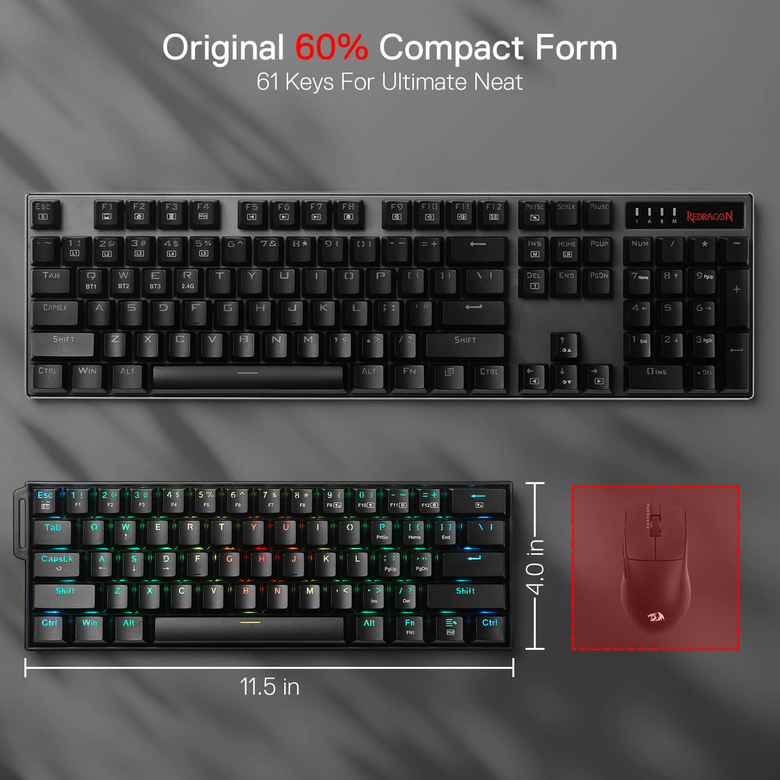 Redragon K530 Pro 60% 3-Mode Wireless RGB Mechanical Keyboard, 61 Keys Hot-Swappable Compact Gaming Keyboard w/Portable Strap, Hot-Swap Socket, 2-Layer Foam & Custom Dragon Chant Linear Switch