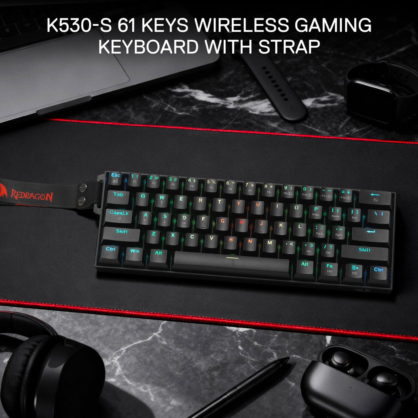 Redragon K530 Pro 60% 3-Mode Wireless RGB Mechanical Keyboard, 61 Keys Hot-Swappable Compact Gaming Keyboard w/Portable Strap, Hot-Swap Socket, 2-Layer Foam & Custom Dragon Chant Linear Switch
