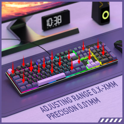 Mechanical keyboard with adjustable keycaps on a desk setup, showing adjusting range and precision details.