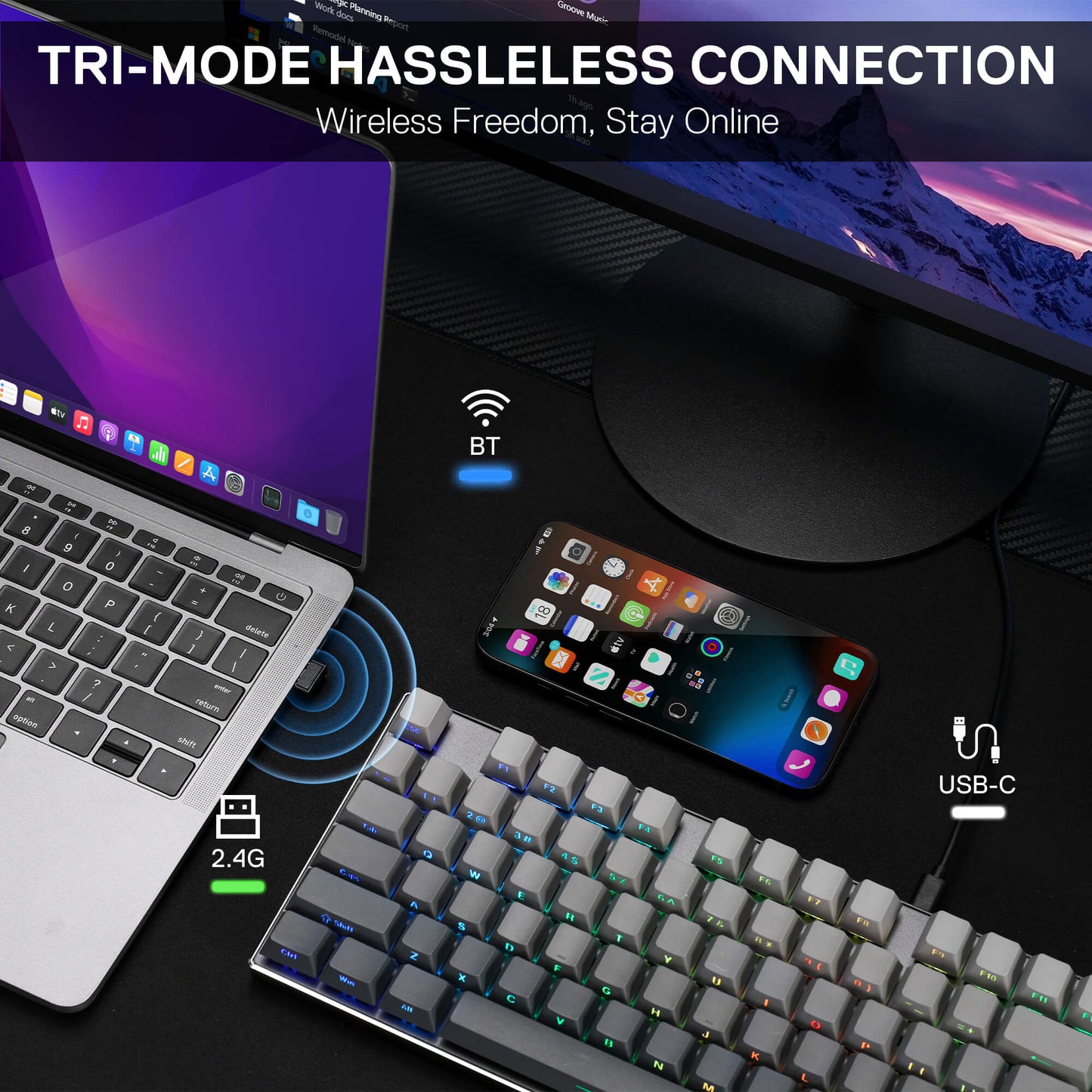 Redragon K556 PRO 104 Keys Wireless RGB Gaming Keyboard, Tri-Mode Aluminum Mechanical Keyboard w/Noise Dampening Layers, Hot-Swap South-Facing RGB Socket, Gradient PBT Keycaps & Custom Linear Switch