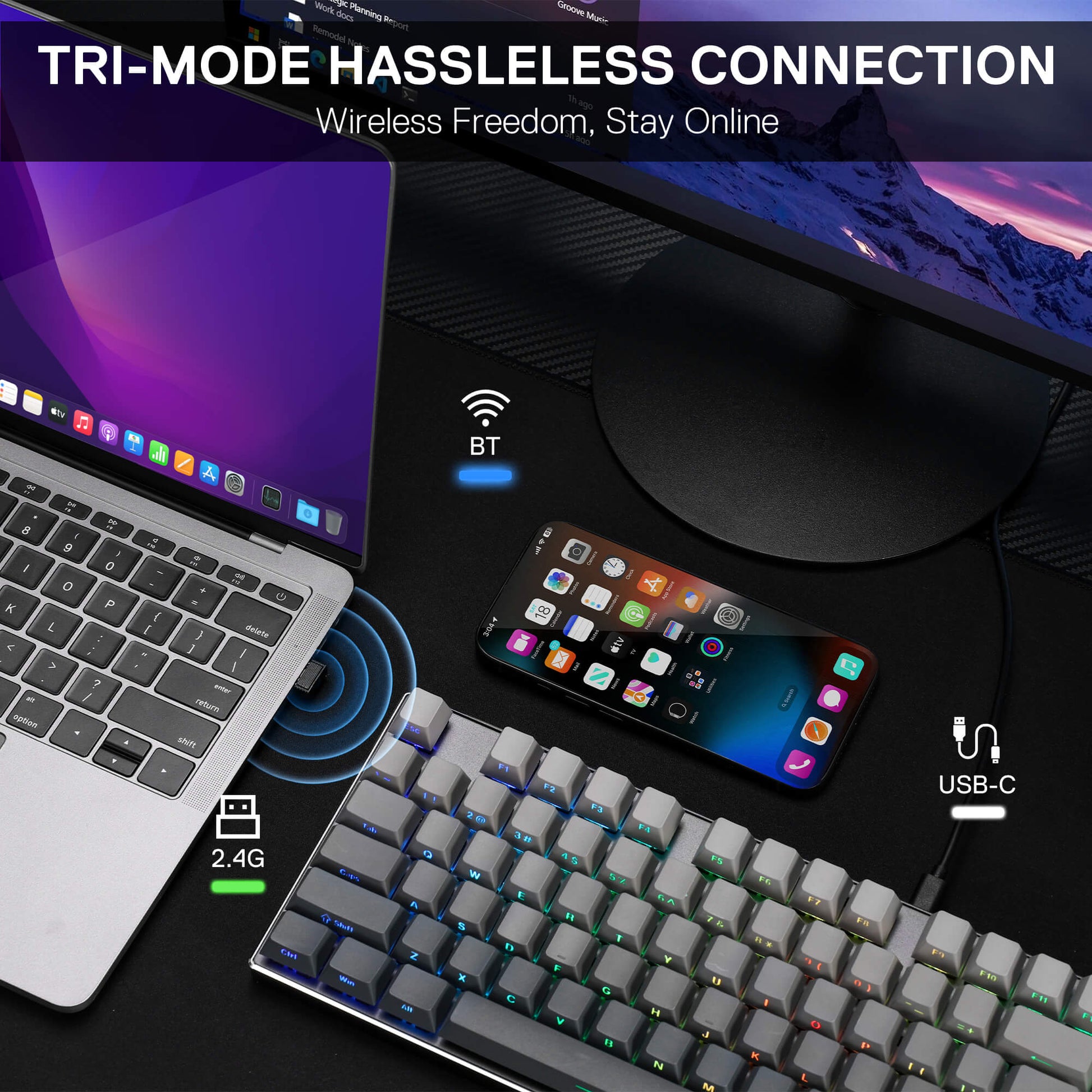 Redragon K556 PRO 104 Keys Wireless RGB Gaming Keyboard, Tri-Mode Aluminum Mechanical Keyboard w/Noise Dampening Layers, Hot-Swap South-Facing RGB Socket, Gradient PBT Keycaps & Custom Linear Switch