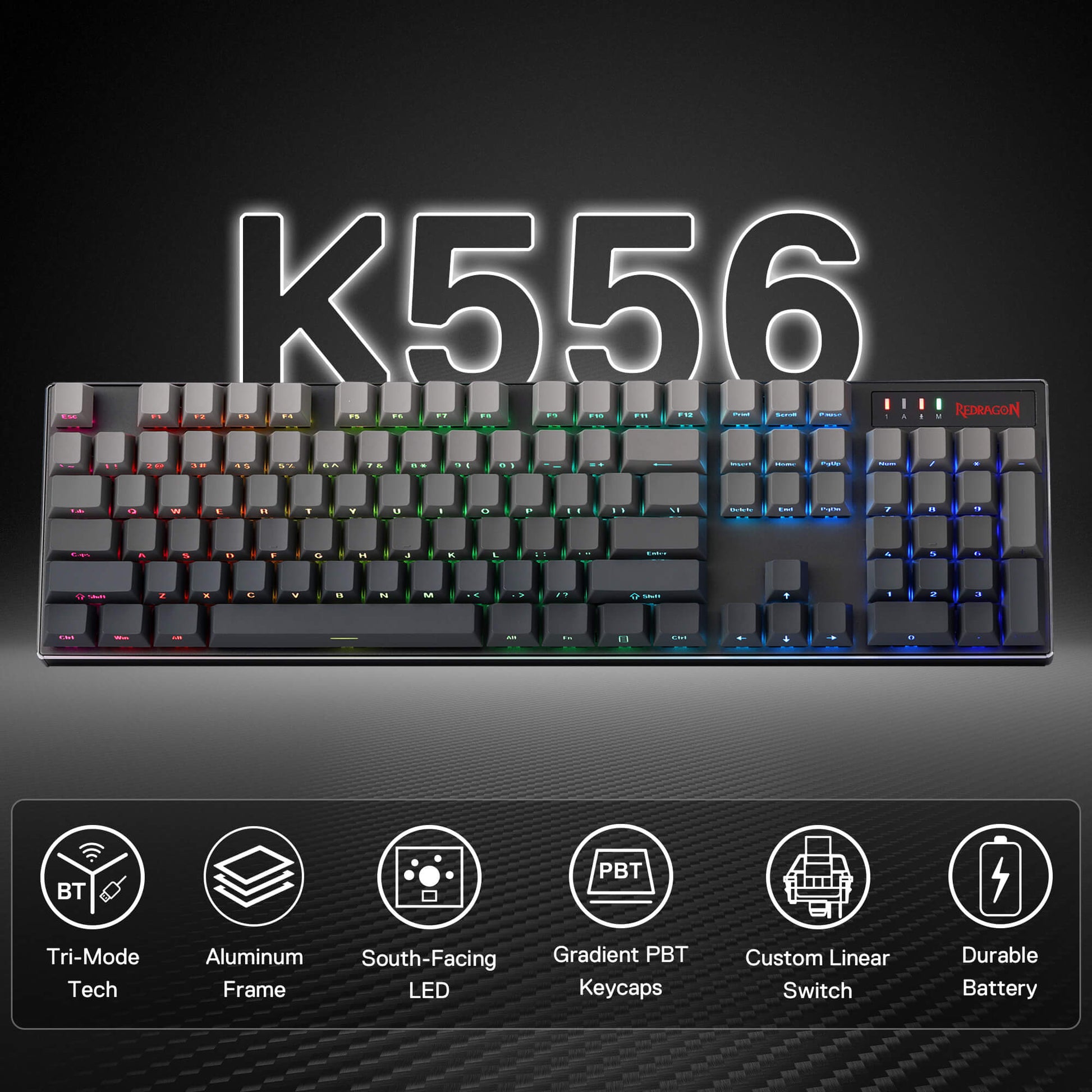 Redragon K556 PRO 104 Keys Wireless RGB Gaming Keyboard, Tri-Mode Aluminum Mechanical Keyboard w/Noise Dampening Layers, Hot-Swap South-Facing RGB Socket, Gradient PBT Keycaps & Custom Linear Switch
