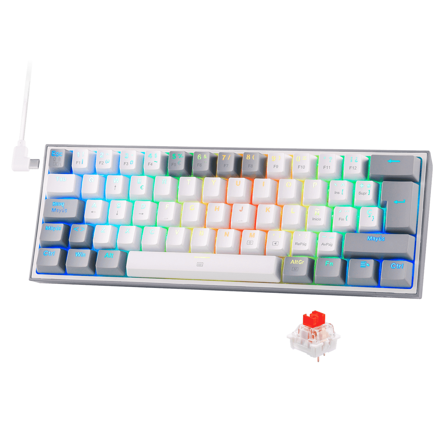 Redragon K617 Fizz 60% Disposición QWERTY ES Teclado Gaming, LED Iluminación Teclado para Juegos con Cable USB-C, Teclado Ultra-Compacto 62 Teclas, Hot Swap interruptores Rojos- para PC/Windows