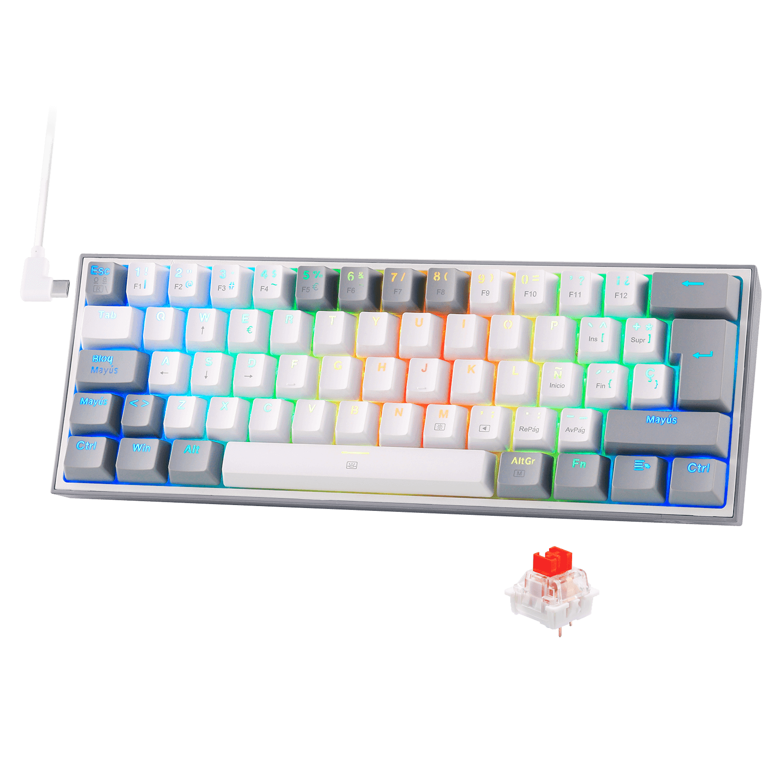 Redragon K617 Fizz 60% Disposición QWERTY ES Teclado Gaming, LED Iluminación Teclado para Juegos con Cable USB-C, Teclado Ultra-Compacto 62 Teclas, Hot Swap interruptores Rojos- para PC/Windows