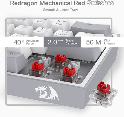 Redragon K617 Fizz 60% Wired RGB Gaming Keyboard, 61 Keys Hot-Swap Compact Mechanical Keyboard w/White and Grey Color Keycaps, Linear Red Switch, Pro Driver/Software Supported
