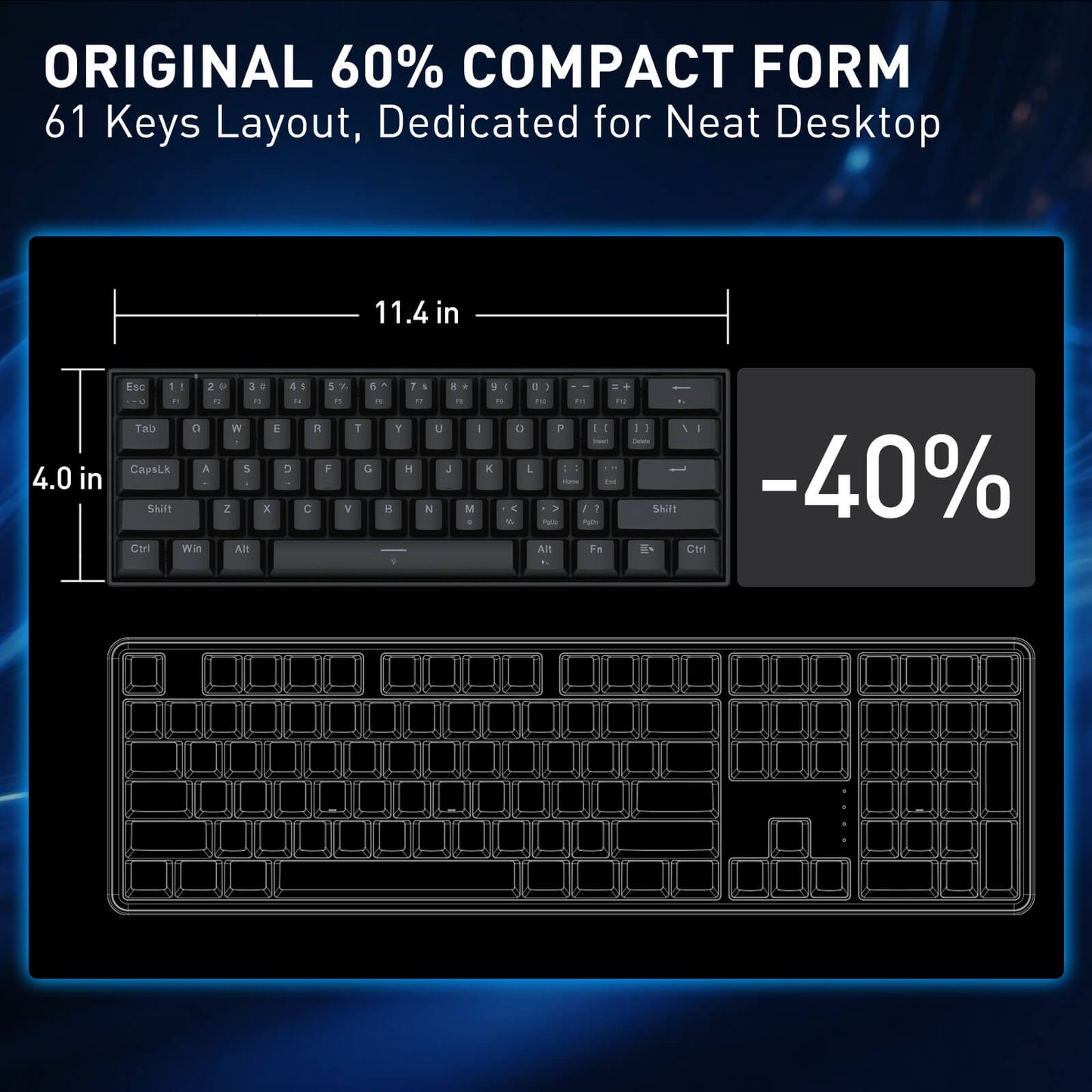 Keyboard with 60% compact form factor, 61 keys layout, and dimensions on a dark background.