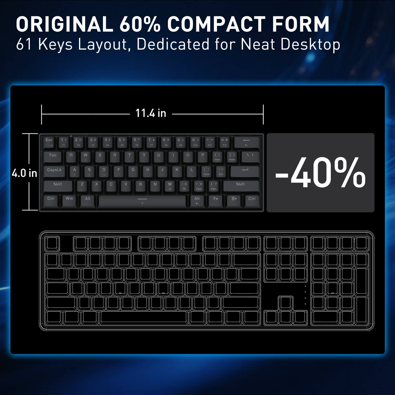Keyboard with 60% compact form factor, 61 keys layout, and dimensions on a dark background.