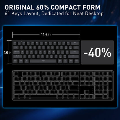 Keyboard with 60% compact form factor, 61 keys layout, and dimensions on a dark background.