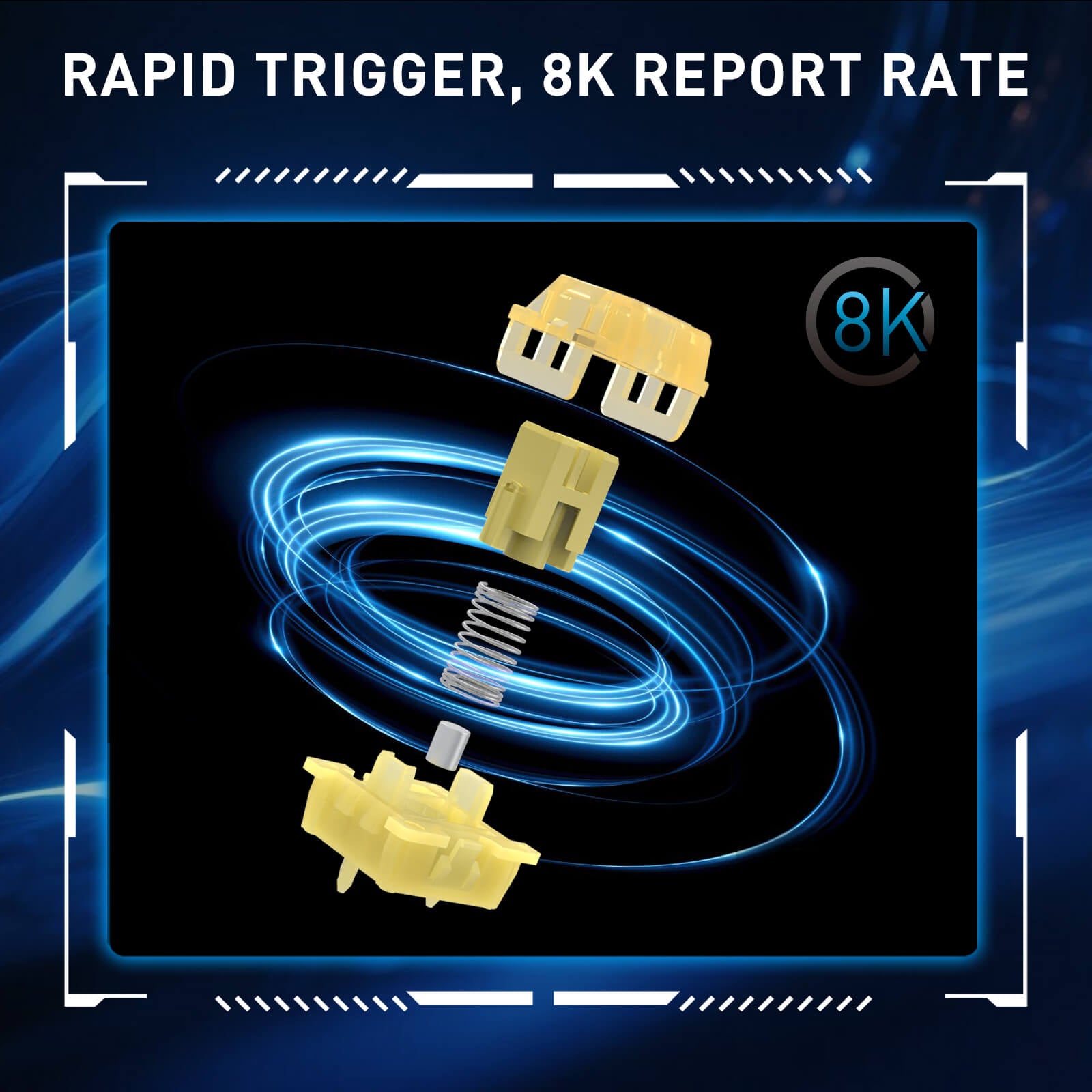 Technical diagram of a rapid trigger mechanism with 8K report rate on a dark background