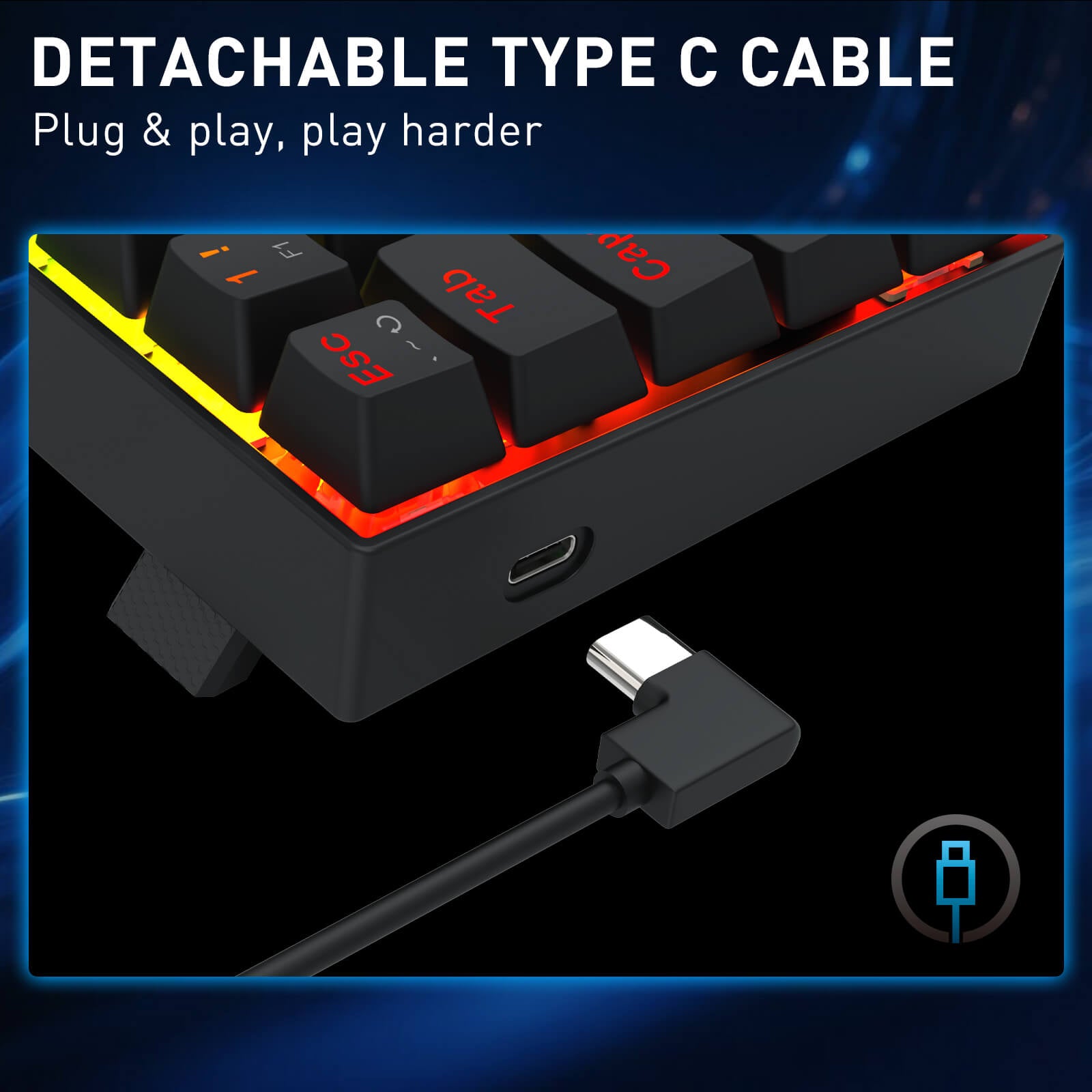 Gaming keyboard with detachable Type C cable on a dark background