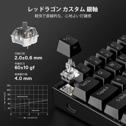 Mechanical keyboard with key switch components and specifications on a black background