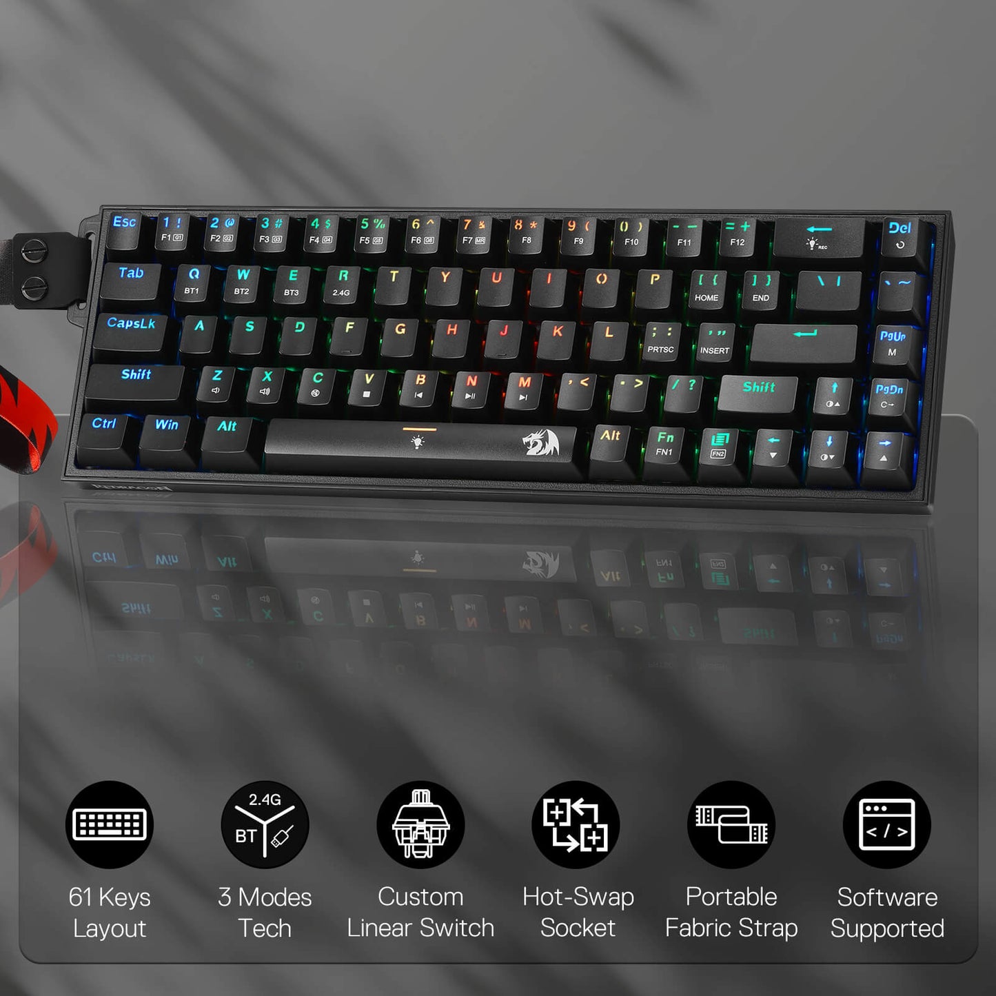 Redragon K631 PRO 65% 3-Mode Wireless RGB Gaming Keyboard, 68 Keys Hot-Swappable Compact Mechanical Keyboard w/Hot-Swap Free-Mod PCB Socket & Portable Strap, Custom Dragon Chant Linear Switch