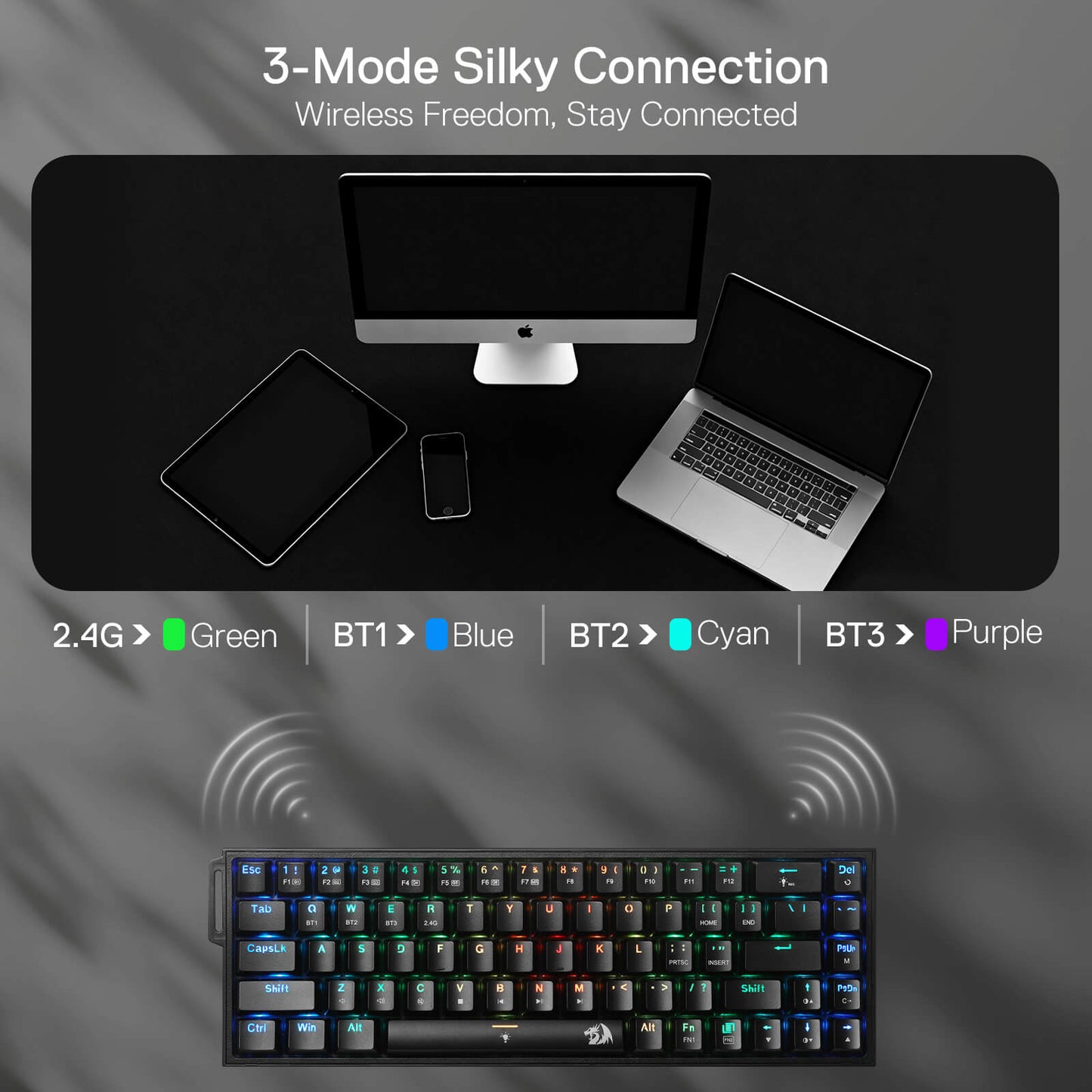 Redragon K631 PRO 65% 3-Mode Wireless RGB Gaming Keyboard, 68 Keys Hot-Swappable Compact Mechanical Keyboard w/Hot-Swap Free-Mod PCB Socket & Portable Strap, Custom Dragon Chant Linear Switch