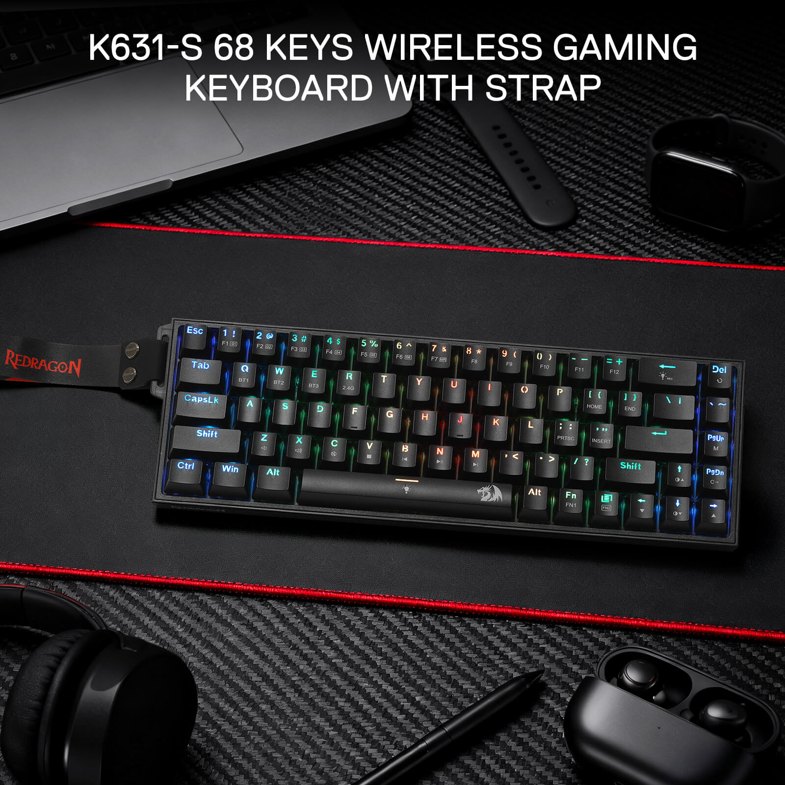 Redragon K631 PRO 65% 3-Mode Wireless RGB Gaming Keyboard, 68 Keys Hot-Swappable Compact Mechanical Keyboard w/Hot-Swap Free-Mod PCB Socket & Portable Strap, Custom Dragon Chant Linear Switch