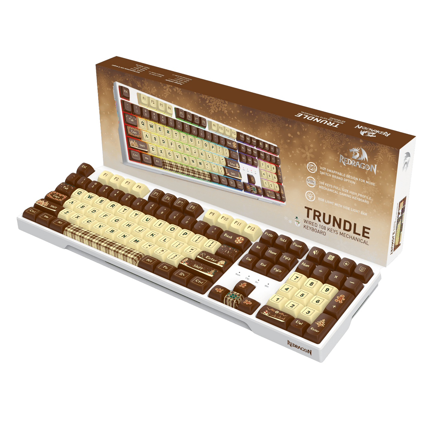 Redragon K668 Xmas Wired Gasket RGB Gaming Keyboard, 108 Keys Mechanical Keyboard w/Extra 4 Hotkeys, Upgraded Hot-swappable Socket, Sound Absorbing Foam, Christmas Gingerbread Man Themed Cute Keycaps