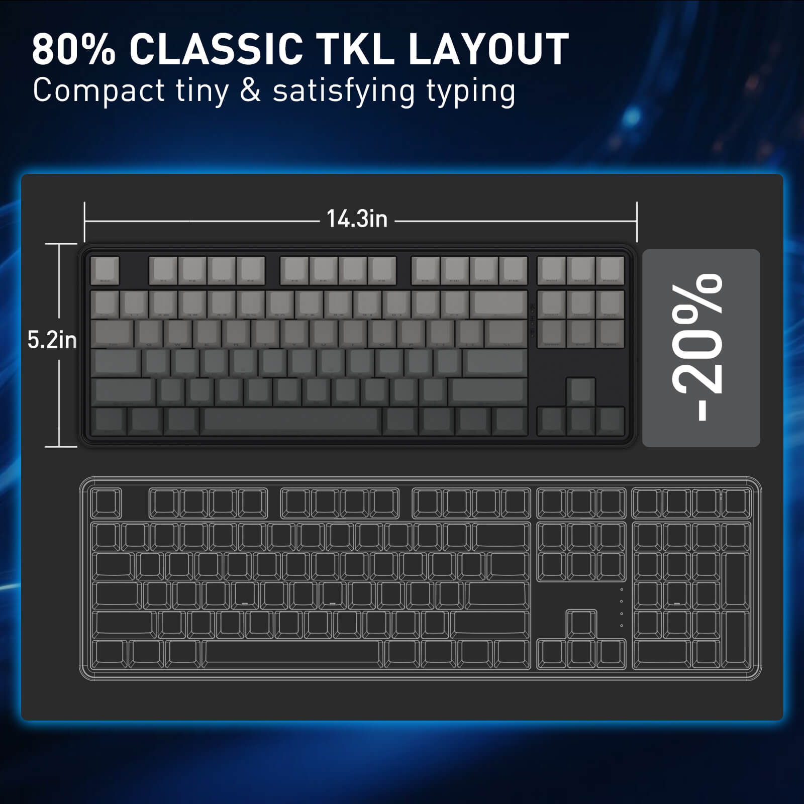 Redragon K707 HE Rapid Trigger Gaming Keyboard layout diagram with dimensions on a dark background