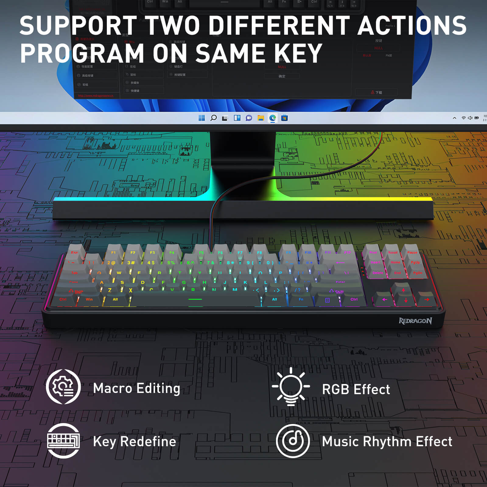 Redragon K707 HE Rapid Trigger Gaming Keyboard with RGB effects on a computer setup, highlighting features like macro editing and music rhythm effect.