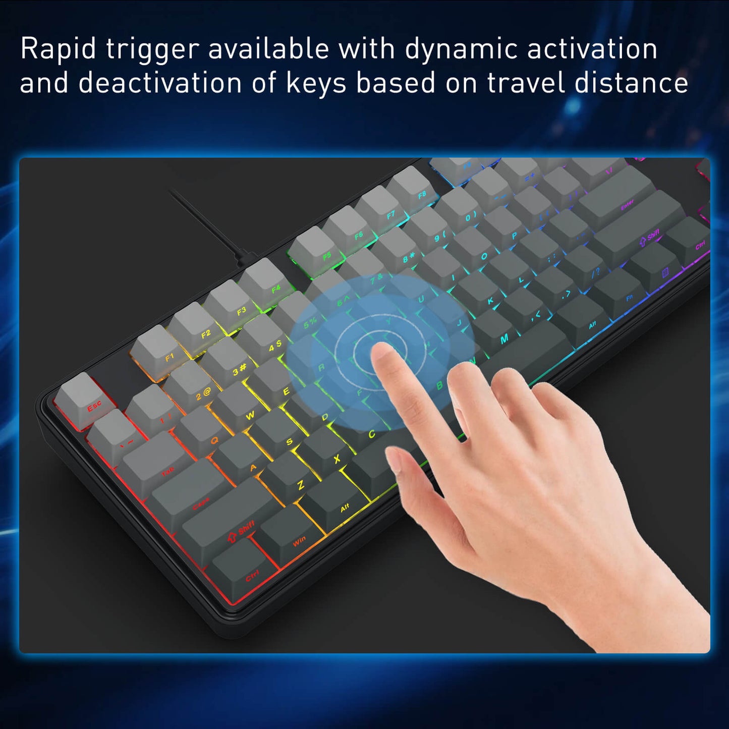 Redragon K707 HE Rapid Trigger Gaming Keyboard with dynamic key activation feature and hand interacting with it