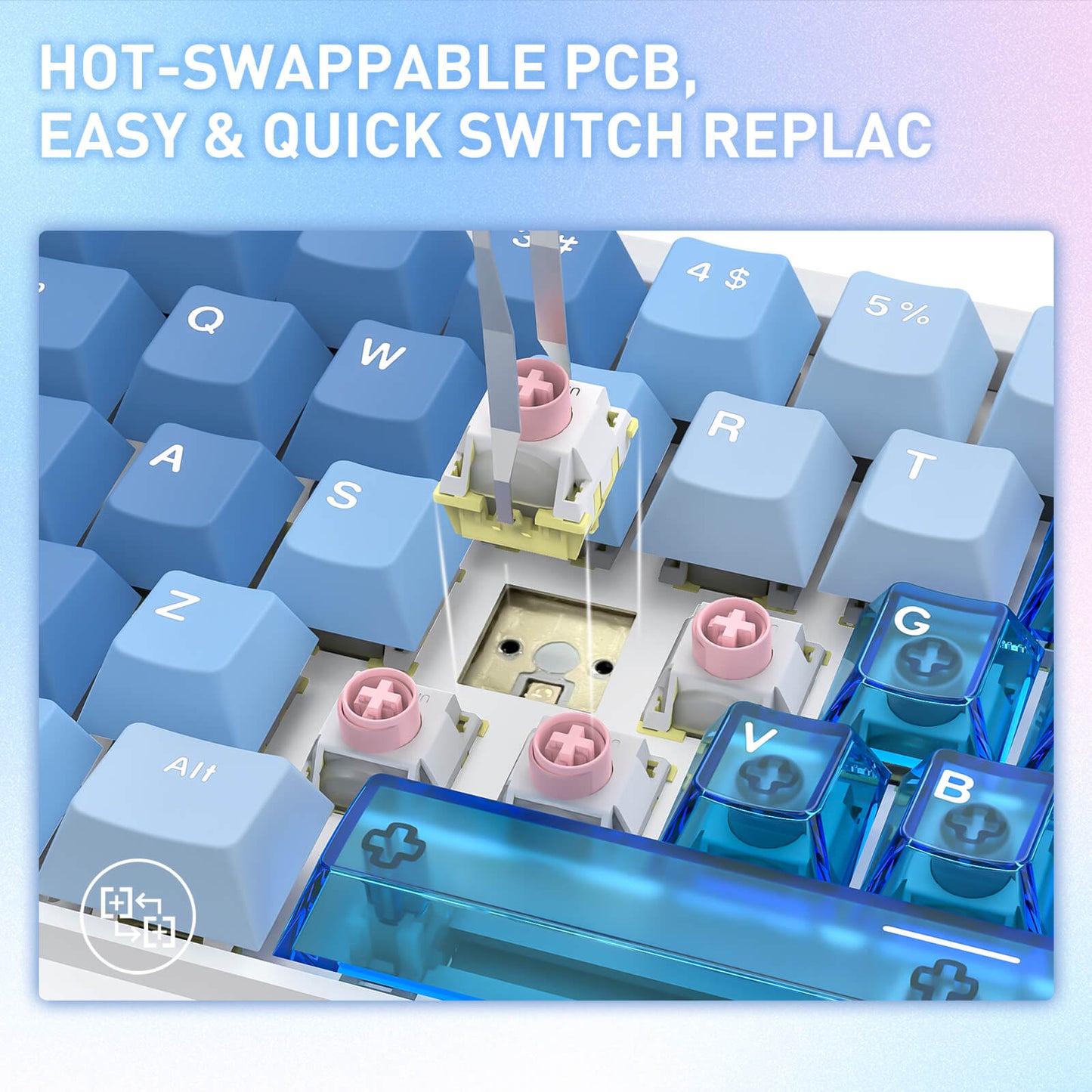 Close-up of a mechanical keyboard with hot-swappable PCB and switch replacement text on a light blue background.