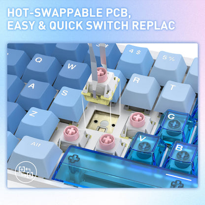 Close-up of a mechanical keyboard with hot-swappable PCB and switch replacement text on a light blue background.