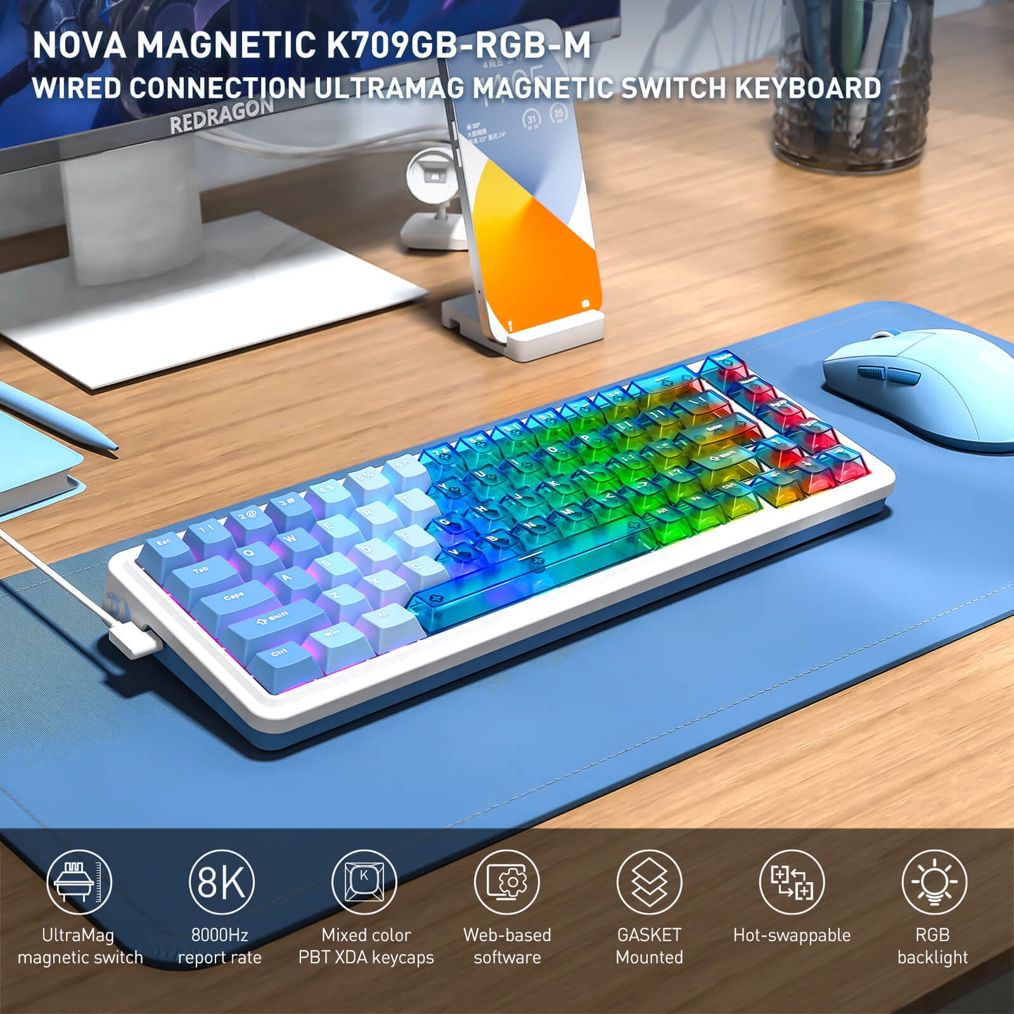 Redragon K709 HE Rapid Trigger Gaming Keyboard, 8K Wired Mechanical Keyboard w/Next-Gen UltraMag 100% POM Silky Magnetic Switch, Dual-Module Floating Patent Structure Design, 5-Layer Noise Dampening