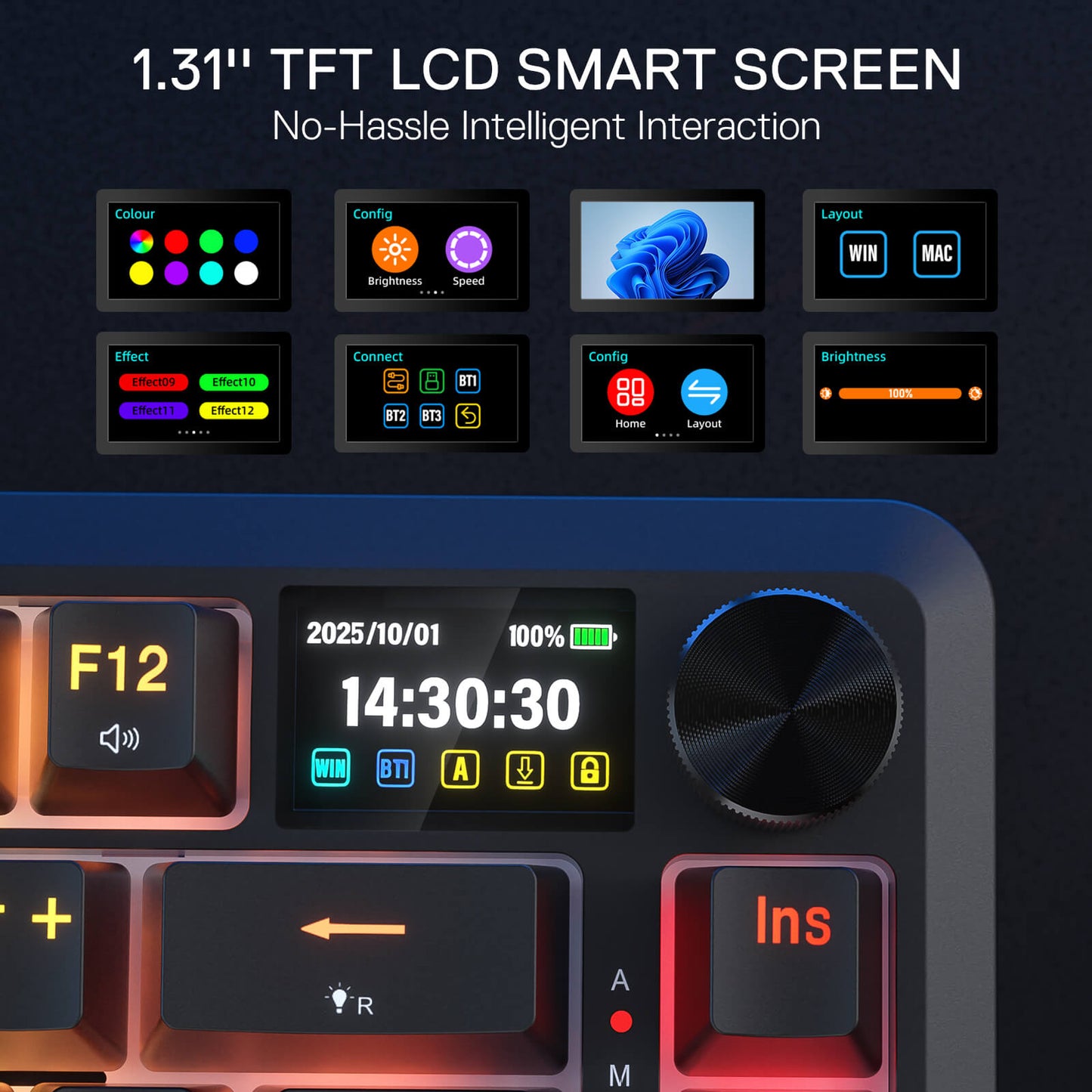 TFT LCD smart screen with various display options and control buttons on a dark background