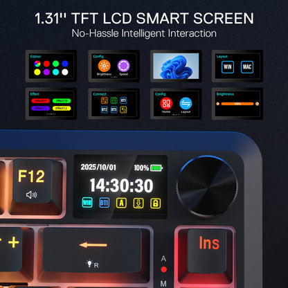 TFT LCD smart screen with various display options and control buttons on a dark background