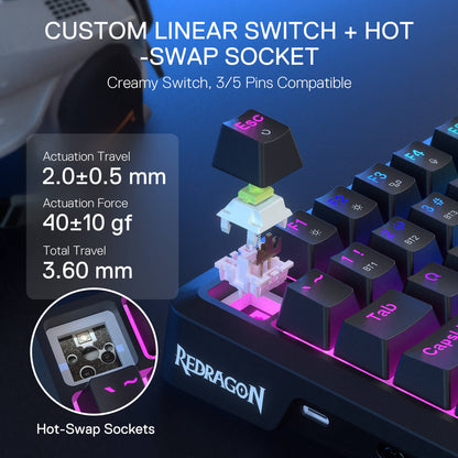 Mechanical keyboard with custom linear switch and hot-swap socket features, featuring Redragon branding.