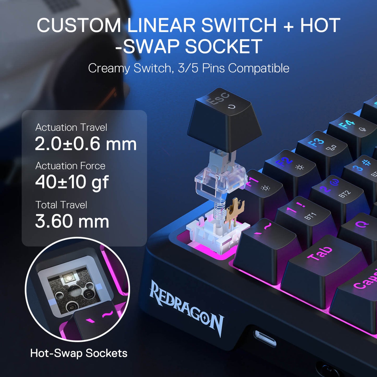 Keyboard switch with Redragon branding and technical specifications on a dark background