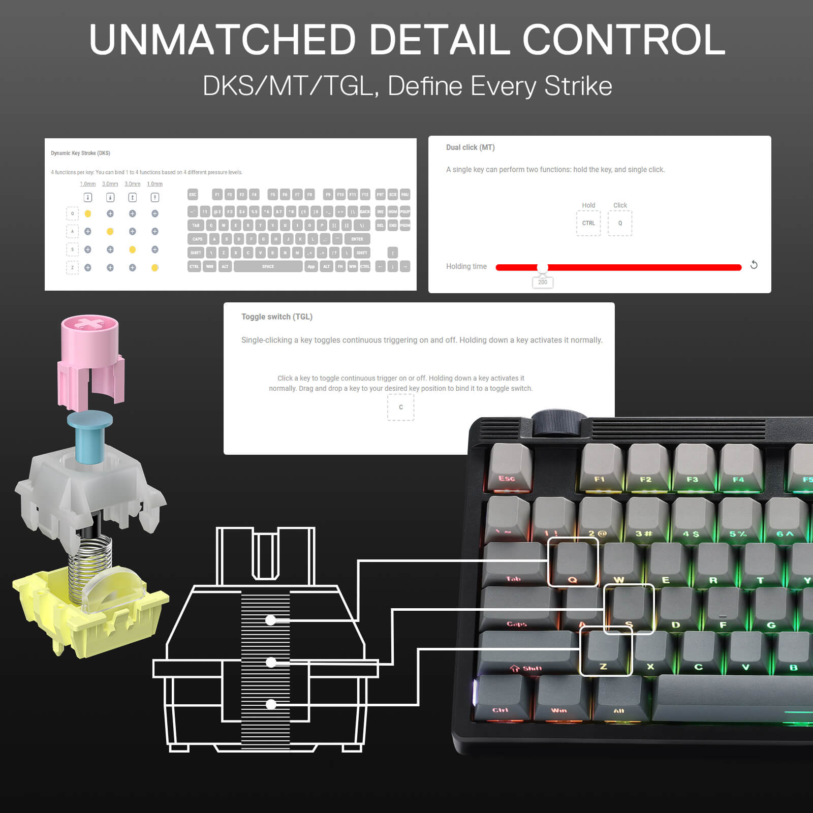 Gaming keyboard with mechanical switch mechanism and software interface on a black background